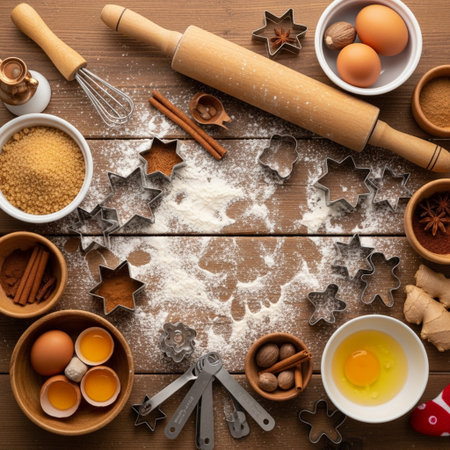 Christmas baking ingredients and utensils on wooden background, top viewの素材