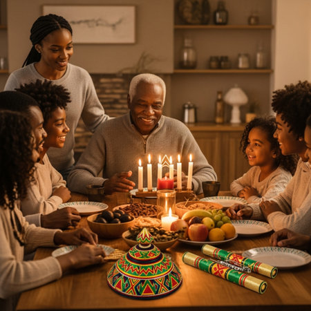 Happy family celebrating birthday together at home. Smiling parents and children sitting at table and looking at camera.の素材