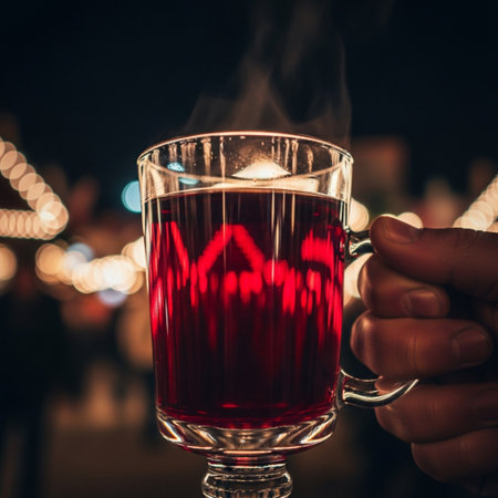 Hot mulled wine in a glass on a background of Christmas lightsの素材