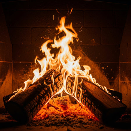 Burning firewood in a fireplace, close-up. Selective focus.の素材