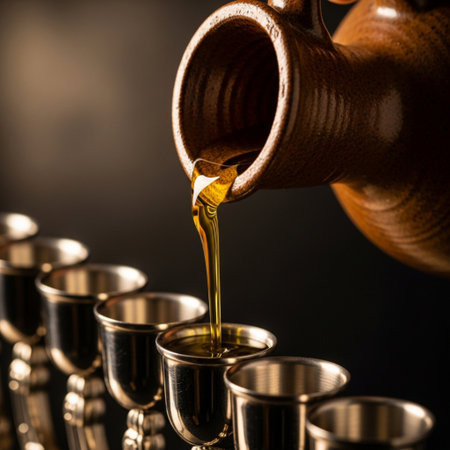 Olive oil pouring from a brown jug into a glass cup.の素材