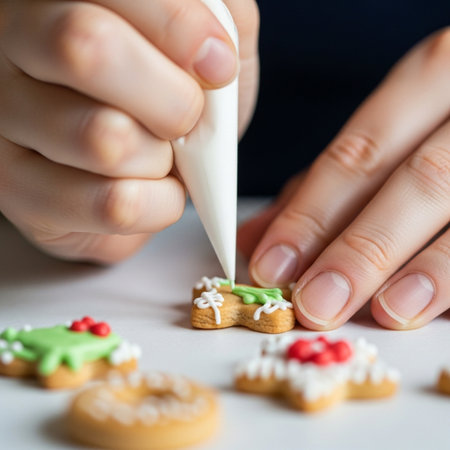 Close-up of a childs hands decorating gingerbread cookiesの素材