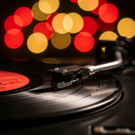 Turntable playing vinyl record with colorful bokeh background.の素材