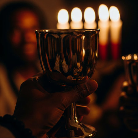 Chalice in the hands of a priest during the celebration of the Holy Communion.の素材