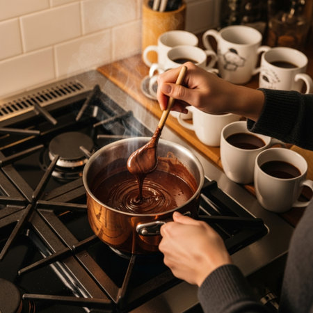 Woman pouring hot chocolate in a pot on the stove in the kitchenの素材