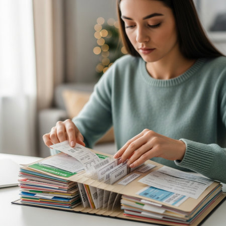 selective focus of young woman filling tax form in notebook at homeの素材