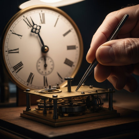 Watchmaker is repairing a vintage watch in his workshop, close-upの素材