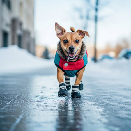 Funny dog dressed in winter clothes running on the street in the snowの素材