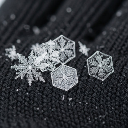 Silver snowflakes on a black knitted background. Closeup.の素材