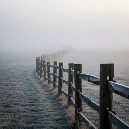 Wooden fence in a foggy winter morning at the beach.の素材