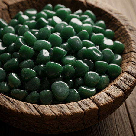 Green jade beads in a bowl on wooden background. Selective focus.の素材