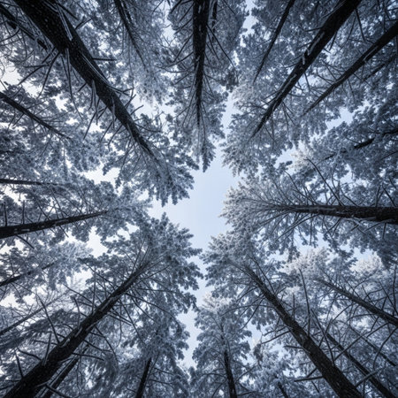 Trees in winter forest with snow and blue sky background. Toned.の素材
