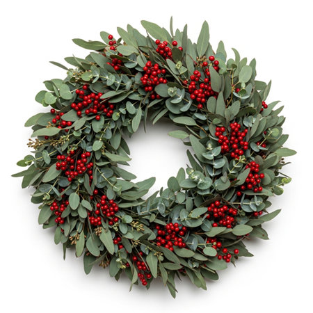 Christmas green wreath with red berries and eucalyptus leaves isolated on white backgroundの素材