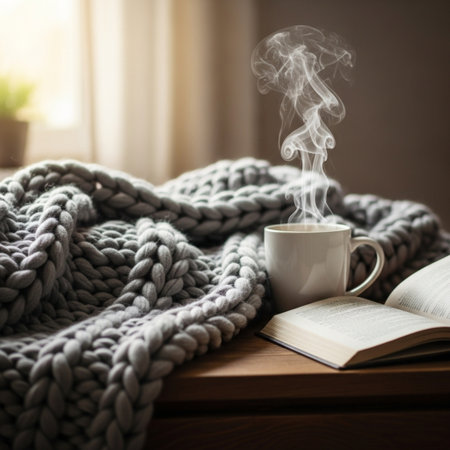Cup of hot coffee, book and knitted plaid on the windowsill. Cozy home concept.の素材