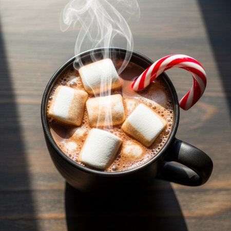 Hot chocolate with marshmallows and candy canes on wooden tableの素材
