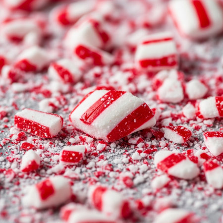 Red and white peppermint candies on sugar powder background, close upの素材