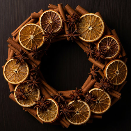 Christmas wreath with cinnamon, star anise and dried orange slices on dark wooden background, top viewの素材