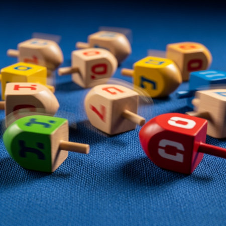 Wooden toy cubes with letters on blue background. Selective focus.の素材