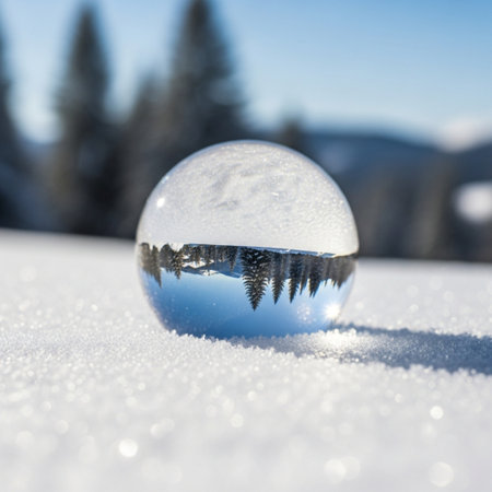 crystal ball on the snow with coniferous forest in the backgroundの素材