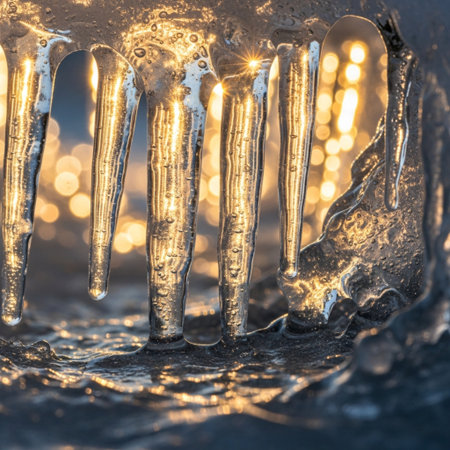 Icicles on a frozen lake at sunset, close-upの素材