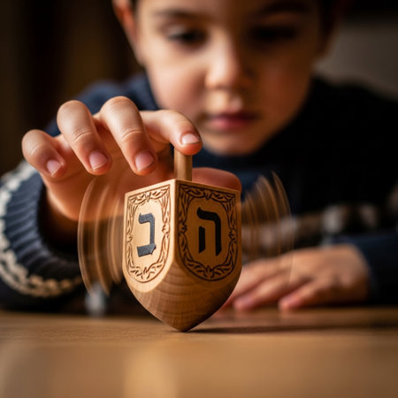 Hands of boy with wooden Hanukkah dreidelの素材