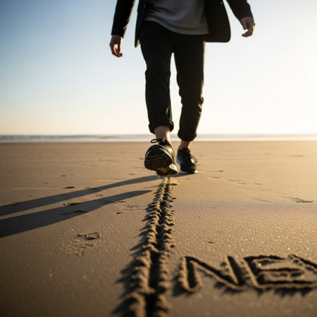 Man walking on the beach with word NEW written on the sand.の素材
