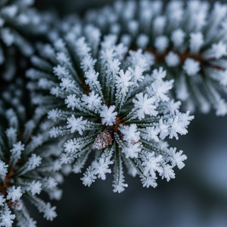 Pine branches covered with hoarfrost close up. Winter backgroundの素材