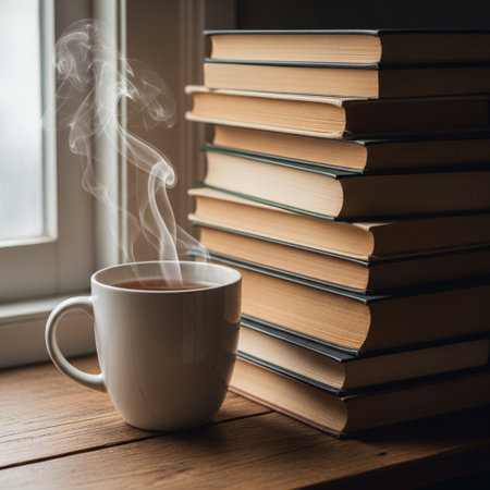 Cup of hot tea with steam and books on wooden windowsillの素材