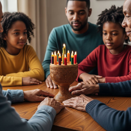 Close-up of a Jewish family celebrating Hanukkah at homeの素材