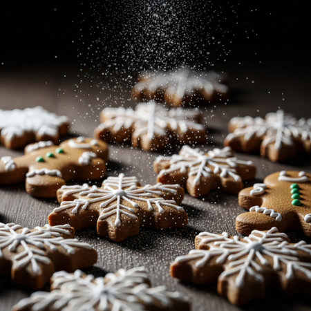 Christmas gingerbread cookies with snowflakes on dark wooden background.の素材