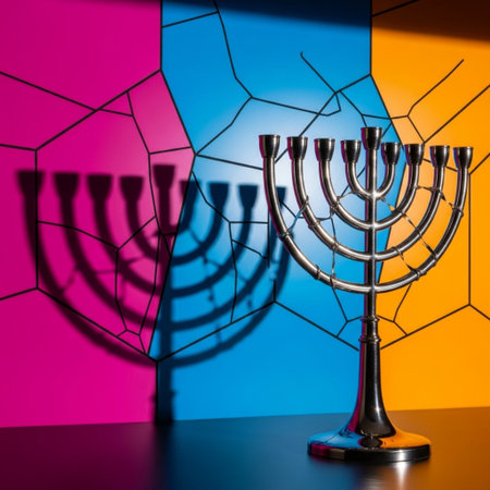 Menorah on a colorful background. Hanukkah celebration.の素材