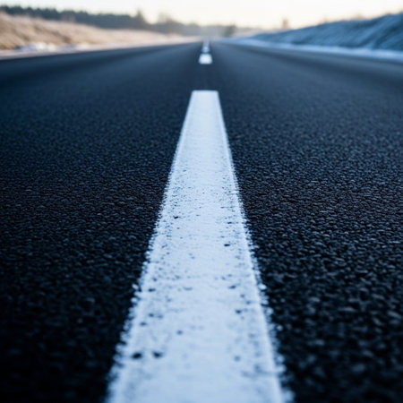 Asphalt road in the winter, closeup of photo with shallow depth of fieldの素材