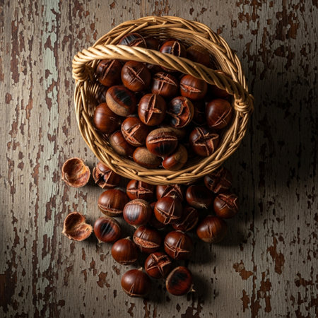 Roasted chestnuts in a basket on rustic wooden background, top viewの素材