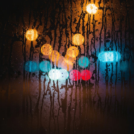 Raindrops on the glass. Blurred street lights. Abstract background.の素材