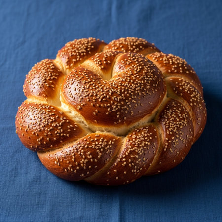 Sweet braided bread with sesame seeds on a blue tableclothの素材