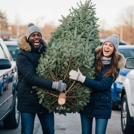 Couple in winter clothes holding a christmas tree and smiling.の素材