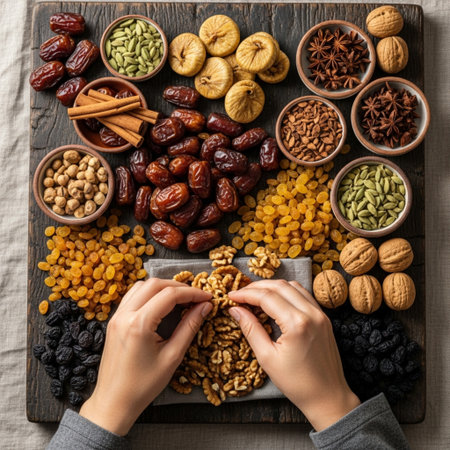 Different kinds of nuts and dried fruits on a wooden board. Top view.の素材
