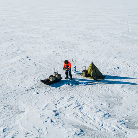 A man in a red jacket is standing near a tent on the ice of Lake Baikal.の素材