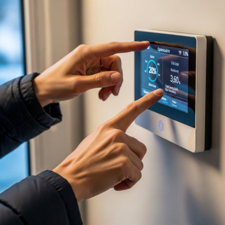 Close-up of female hands using smart home control panel on wallの素材