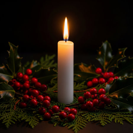 Christmas candle with holly and red berries on dark background, closeupの素材