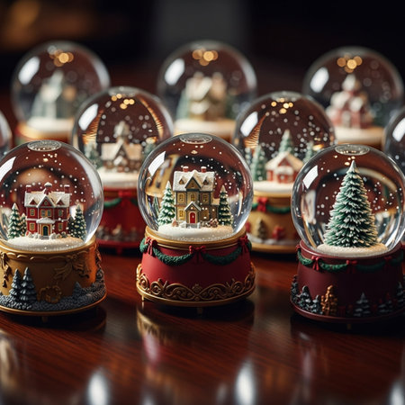 Snow globe with christmas decoration on wooden table. Merry Christmas and Happy New Year!の素材