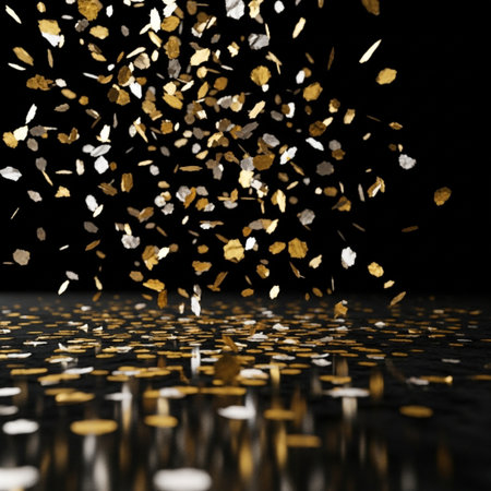 Golden confetti on black background. Festive concept. 3d renderの素材