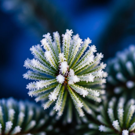 Fir tree branch covered with hoarfrost. Winter background.の素材