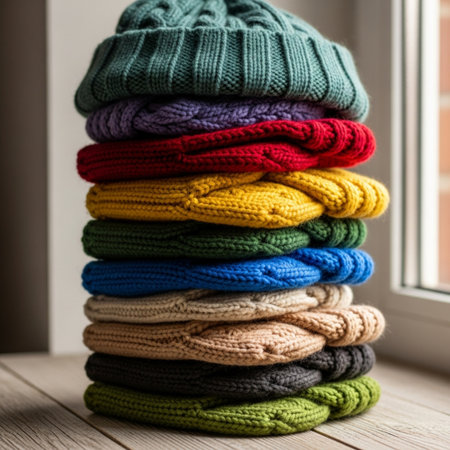 Stack of knitted winter sweaters on the windowsill. Cozy winter concept.の素材