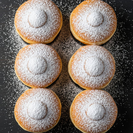 Homemade donuts sprinkled with powdered sugar on a black background, top viewの素材