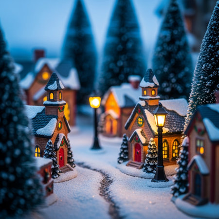 Wooden houses in the village on a snowy winter night. Christmas background.の素材