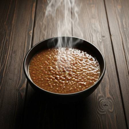Bowl of lentil soup with steam on wooden table, closeupの素材