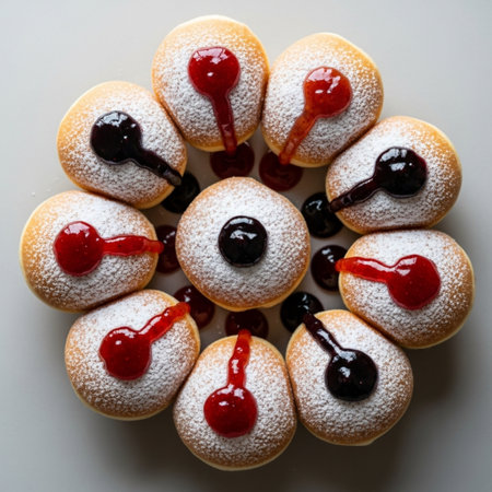 Donuts with cherries and icing sugar on a white background.の素材