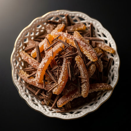 Sweet candied fruit in a bowl on a black background. Selective focus.の素材