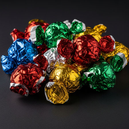 Chocolate candies wrapped in colorful foil on a black background.の素材